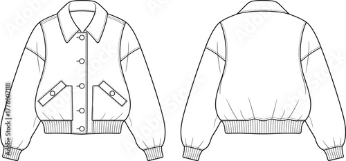 Bomber jacket technical flat sketch, fashion CAD drawing, front and back view, apparel design template, vector illustration for designers