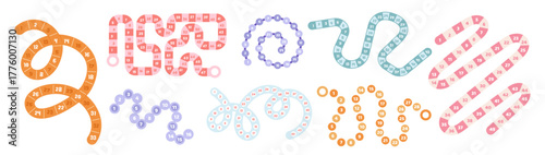 Step by step games templates. Board family puzzle games, chips movement, entertainment for company, gradual passage with numbers, path and finish, cartoon flat isolated garish vector set