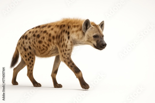 Spotted hyena full body side profile mid step with one front paw lifted wildlife studio isolated on pure white