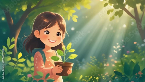 Cute girl holding a potted plant in a sunlit forest