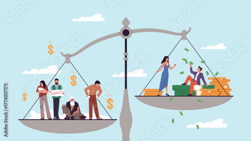 Poor vs rich people. Social classes with different financial incomes, scales with bowls, millionaires and unemployed, economic crisis, cartoon flat style isolated nowaday vector concept