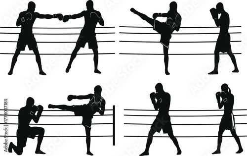 Boxing and kickboxing silhouettes, martial arts training, fighters in ring, combat sports action, fitness, strength, defense, punching, kicking
