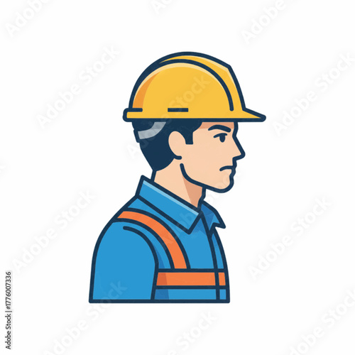 Male Construction Worker Engineer Icon Wearing Yellow Hard Hat and Blue Uniform