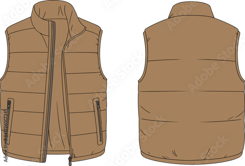 Brown sleeveless padded puffer vest technical flat sketch, front and back view, zipper pockets design, winter fashion illustration, modern outerwear style