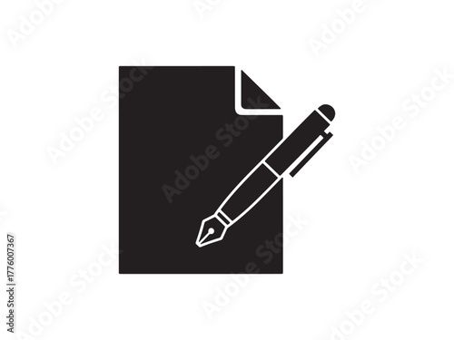 A minimalist graphic of a pen resting on two stacked sheets of paper in black and white color. Symbol, logo illustration. Pixel perfect graphics