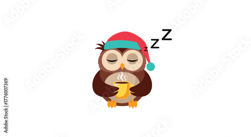 Cute cartoon owl wearing a sleeping cap and holding a mug of hot beverage, with zzz symbols indicating sleep.