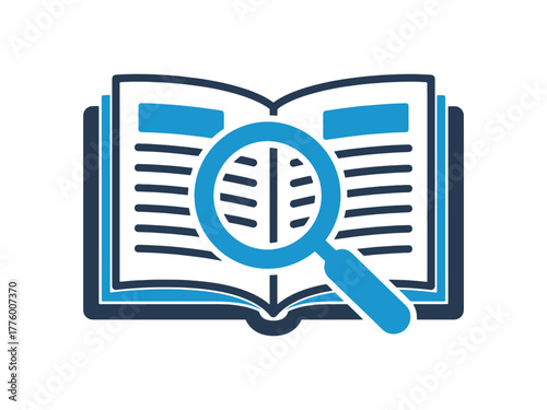 open book with text and a blue magnifying glass over the text in a vector illustration. symbolizing study, research, knowledge, or reading exploration