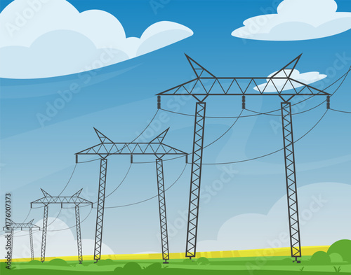 Landscape with electric power line. Poles with wires and cables, energy pylons, high voltage transmission construction towers, distribution powerlines, qualitative vector flat style concept