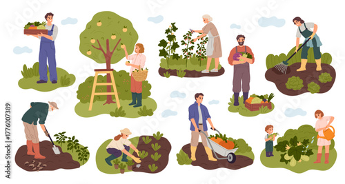 Gardeners people. Happy farmers in overalls work in beds, taking care of plants, harvesting, weeding and loosening ground, watering vegetables, cartoon flat isolated garish vector set