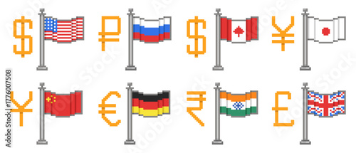 Currency signs and flags. Countries monetary units, 8 bit pixel icons, dollar, ruble, euro and yuan, global money symbols, America, Russia and Japan, financial emblem qualitative vector set