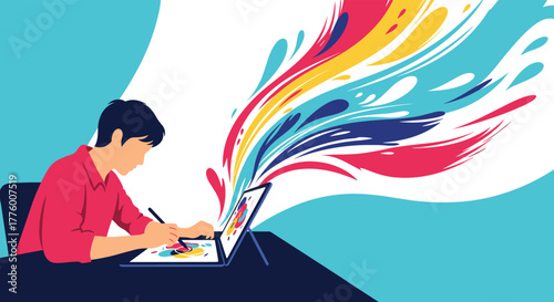 Young artist digitally drawing on a tablet with colorful abstract shapes bursting from the screen.