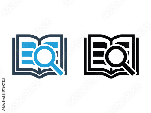 Two icons depicting an open book with horizontal lines and a magnifying glass. use for website mobile app presentation
