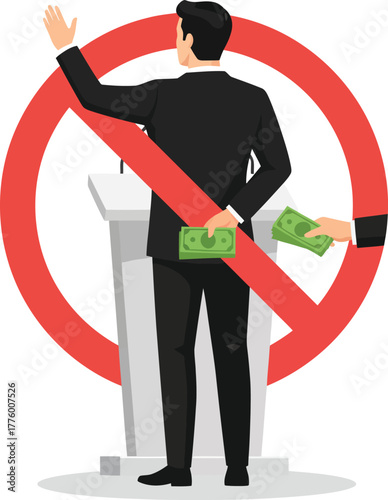 Illustration of a politician taking money behind his back, with a red prohibition sign.