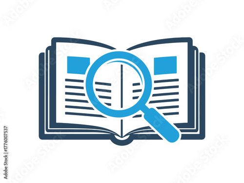 open book with text and a blue magnifying glass over the text in a vector illustration. symbolizing study, research, knowledge, or reading exploration