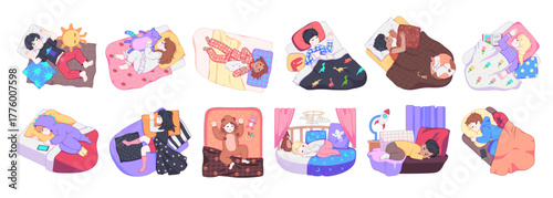 Children sleep in beds. Cute boys and girls in pajamas nighttime, sleeping kids with plush toys under blankets, night rest, kindergarten quiet hour, cartoon flat isolated tidy vector set