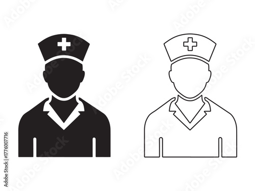 Two nurse icons one in solid black and one in outline wearing a nurses cap with a cross