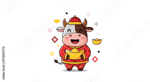 Cute cartoon ox in traditional red Chinese clothing holding a gold ingot for good luck.