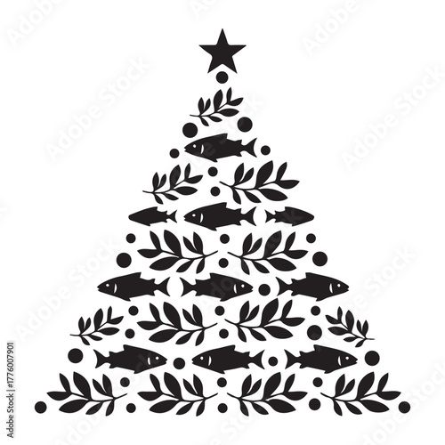 Whimsical christmas tree silhouette decorated with silhouettes of fish and foliage