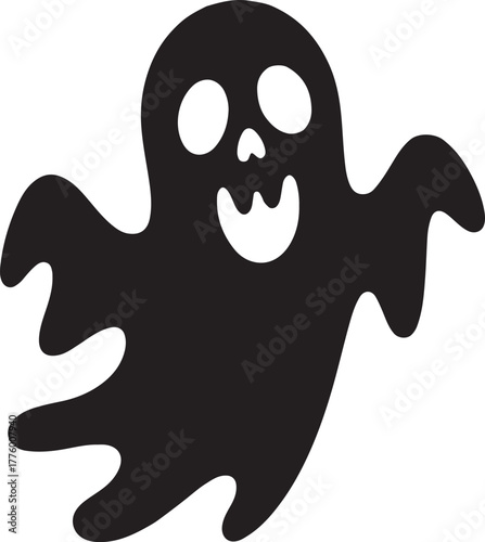 Cartoon ghost illustration vector graphic in black silhouette for Halloween designs and spooky themes