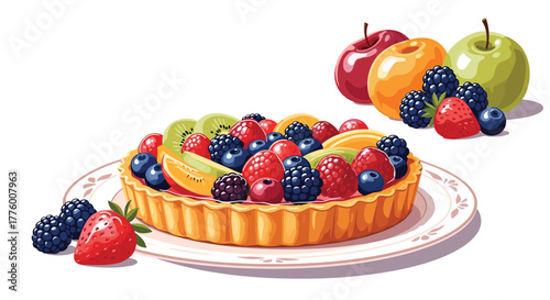 A vibrant fruit tart topped with berries and kiwi sits on a plate with apples and more berries nearby.