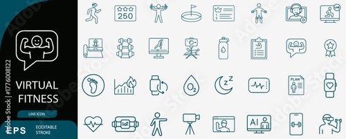 Virtual fitness icon set. Editable vector illustration of exercise, health tracking, and remote workout symbols in line style. EPS wellness and technology concept pack