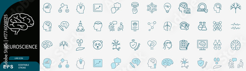Neuroscience icon set. Editable vector illustration of brain, neuron, and lab symbols in line style. EPS medical and research concept pack
