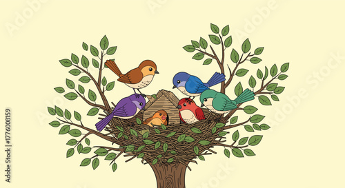 A family of birds nesting in a tree with branches and leaves, featuring various colorful birds and chicks.