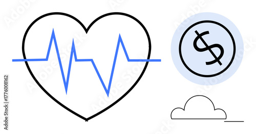 Heart with heartbeat line, dollar coin, and cloud illustrating health monitoring, financial goals, and tech integration. Ideal for healthcare, fintech, wellness, innovation financial planning cloud