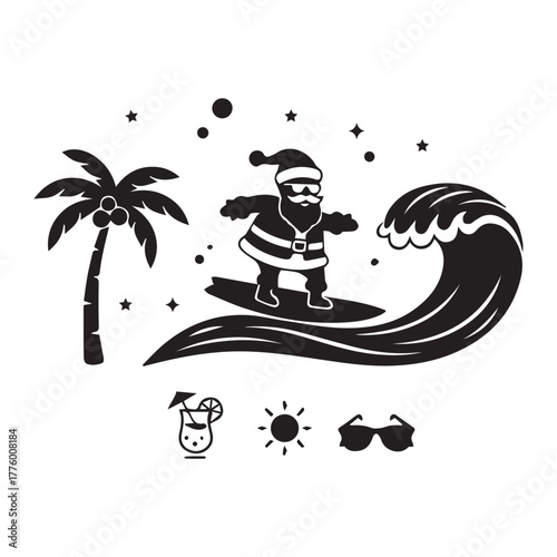 Santa claus surfing a big wave on a surfboard with palm trees and tropical vacation elements