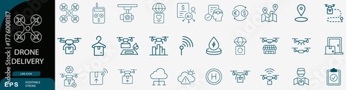 Drone delivery icon set. Editable vector illustration of 36 line-style symbols for logistics, shipping, and aerial transport. EPS technology concept pack