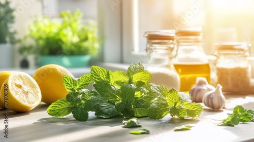 85.A lifestyle image of fresh mint leaves arranged neatly on a kitchen countertop with scattered ingredients like garlic and lemons, set against the warm backdrop of a well-used, cozy kitchen