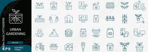 Urban gardening icon set. Editable vector illustration of 40 line-style symbols for plant care, hydroponics, composting, and community farming. EPS sustainability concept pack