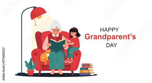 Illustration of a grandmother reading to her granddaughter on Grandparent's Day.