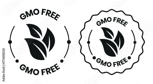 GMO free icon set. Non GMO label. No added or artificial chemicals logo, label, badge, sticker, symbol, emblem, stamp, line, vector, isolated illustration. GMO free label for product packaging design.