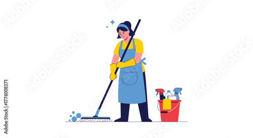 Woman mopping floor wearing apron and gloves with cleaning supplies nearby.