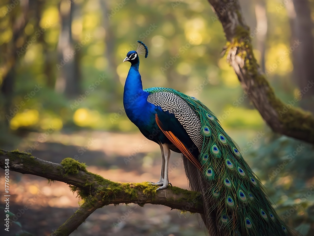 Obraz premium Majestic peacock perched on a mossy branch in a sunlit forest
