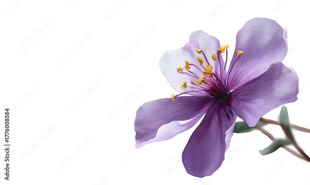 Fototapeta premium a softy white background, a only one central minimalist purple flower watercolor style