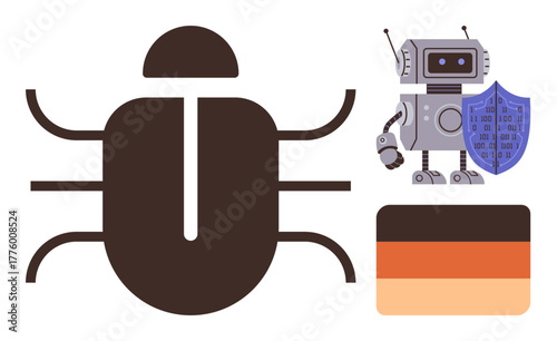 Robot holding shield standing against bug icon, symbolizing cybersecurity. Ideal for digital security, protection, threat prevention, system reliability, malware removal, data safety, simple flat