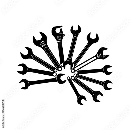 Collection of various wrenches arranged in a circular pattern.