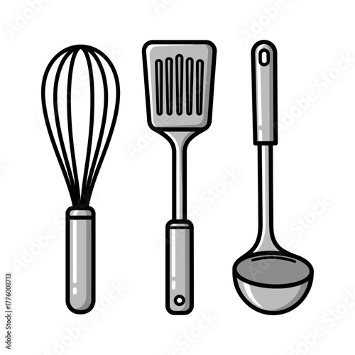 Kitchen Utensils - Whisk, Spatula, and Ladle in Monochrome.