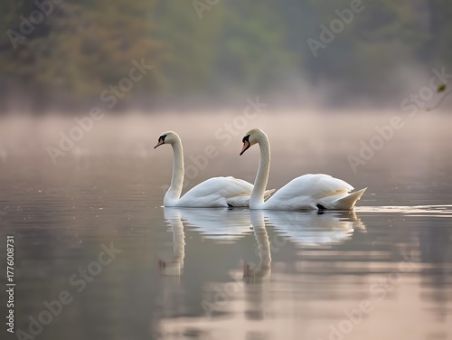 Fototapeta Naklejka Na Ścianę i Meble -  Two elegant swans glide peacefully on a misty lake at dawn