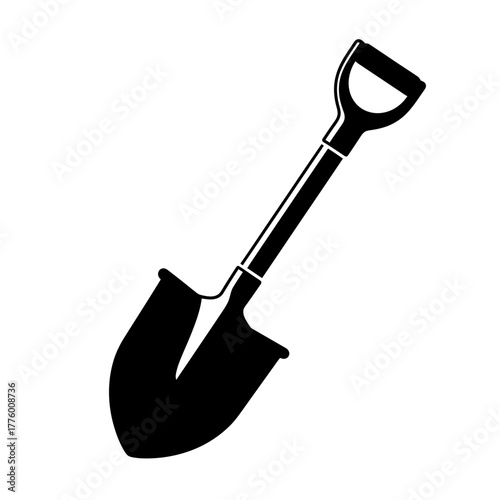 Black shovel silhouette isolated on white background for digging.