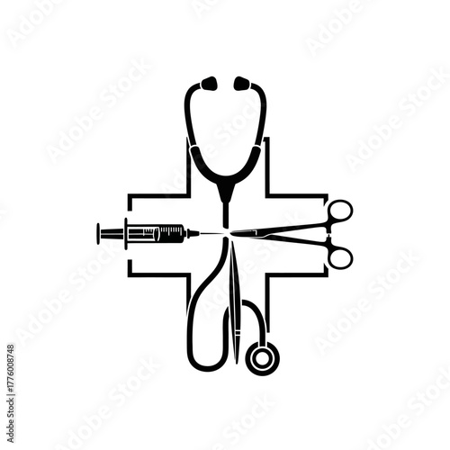 Medical cross symbol with stethoscope, syringe and scissors.