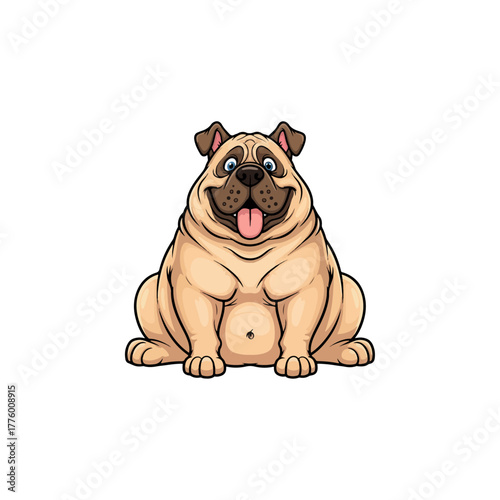 Cartoon illustration of a funny, happy, smiling, plump light brown bulldog, isolated on white background