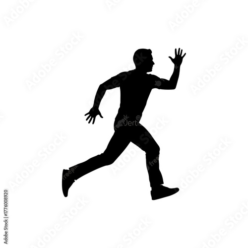 Dynamic silhouette of a man in full stride, actively running forward, depicting speed and energy