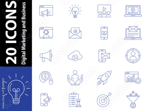 Digital Marketing and Business Growth Icons Set. line art icons representing digital marketing concept. 
Set of marketing and business icons isolated on white background
