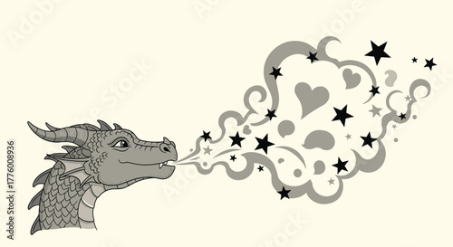 Whimsical cartoon dragon blowing smoke rings with hearts and stars, fantasy art.
