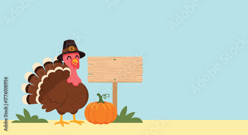 A happy turkey wearing a pilgrim hat stands next to a pumpkin and a wooden sign.