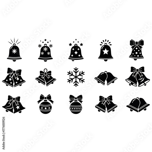 Christmas bells and holiday icons vector set, festive celebration symbols, winter season collection
