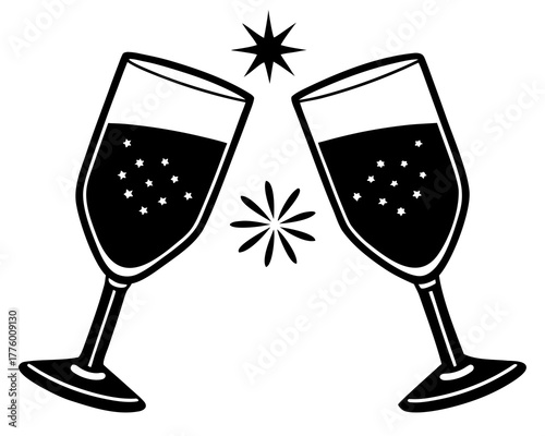 Clinking glasses toast, festive celebration, silhouette  vector illustration, isolated on white background